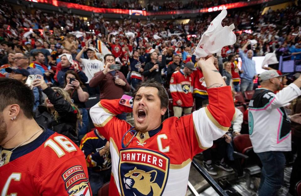 Layton Thomas cheers after Florida Panthers left wing Ryan Lomberg (94) scored a goal against the Carolina Hurricanes in the second period of Game 4 of the NHL Stanley Cup Eastern Conference finals series at the FLA Live Arena on Wednesday, May 24, 2023 in Sunrise, Fla.