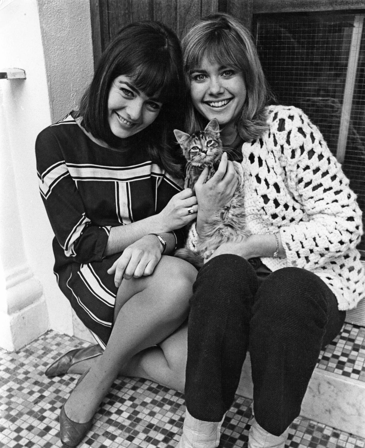 Australian singing duo Pat Carroll, left,  and Olivia Newton-John, aka Pat and Olivia, pose with a kitten in Nov. 1967.