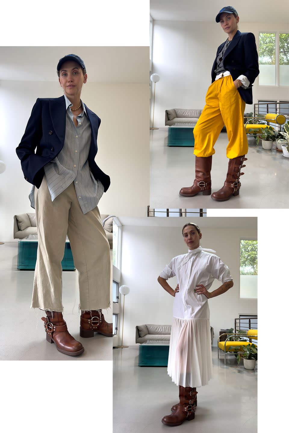 a collage of a person in a suit and boots