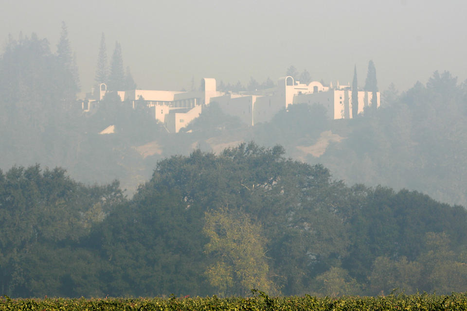 <p>Sterling Vineyards, just south of Calistoga, is seen through a haze of smoke on Thursday morning, the result of various wildfires Napa, Calif., on Oct. 12, 2017. (Photo: Napa Valley Register via ZUMA Wire) </p>