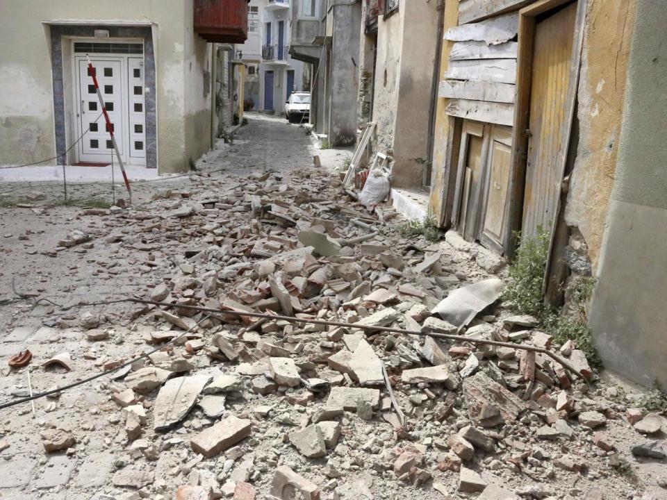 Damage in Plomari village after a strong earthquake struck Lesvos island, Greece (EPA/MANOLIS LAGOUTARIS)