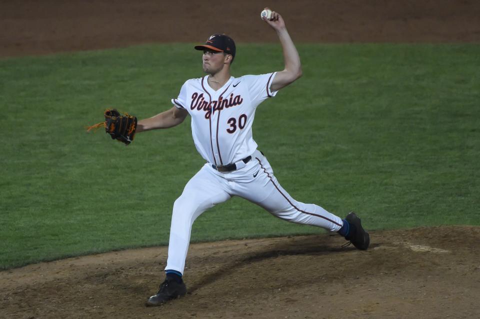 Jun 22, 2021; Omaha, Nebraska, USA; Virginia Cavaliers pitcher Nate Savino (30) pitches against the Mississippi State Bulldogs at TD Ameritrade Park. Mandatory Credit: Steven Branscombe-USA TODAY Sports