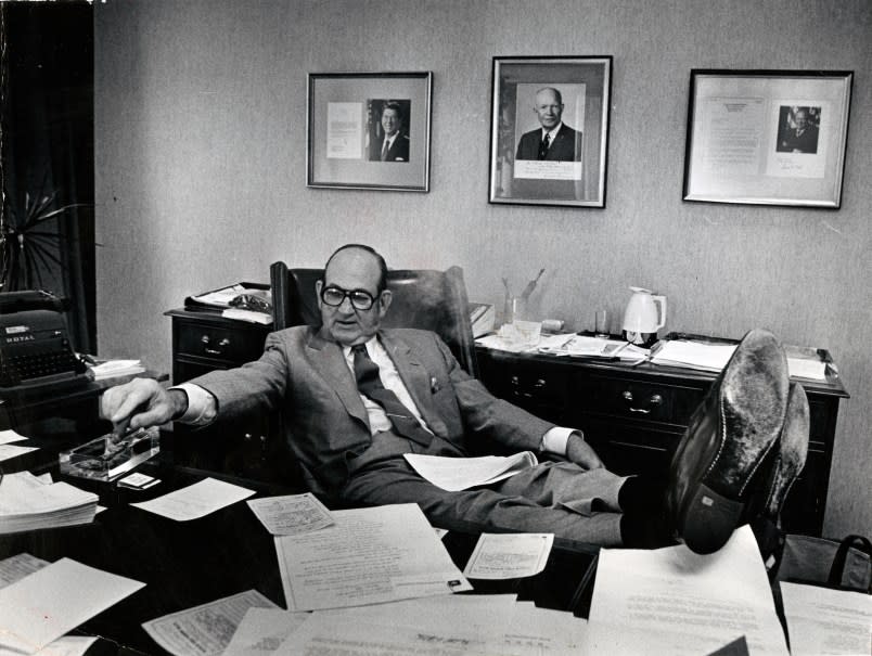 WASHINGTON, DC – JUL 26: GOP tax lobbyist Charls Walker in his Penn. Anenue office on July 26, 1983. Charls E. Walker, an economist who became one of Washington’s best-known tax lobbyists for Republicans and big business, including corporations such as General Motors, Gulf Oil and some of the country’s largest airlines, died June 2 at an assisted living center in Rockville. He was 91. (Photo by Bill Snead/The Washington Post via Getty Images)