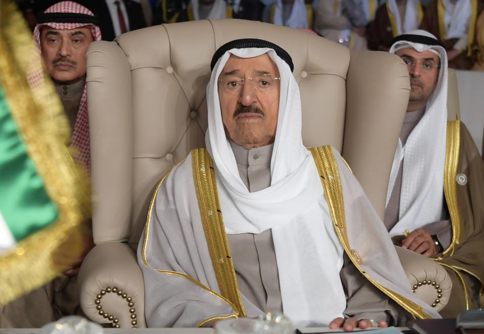 FILE - In this March 31, 2019 file photo, Kuwait's ruling emir, Sheikh Sabah Al Ahmad Al Sabah, attends the opening of the 30th Arab Summit, in Tunis, Tunisia. Kuwait state television said Tuesday, Sept. 29, 2020, the country's 91-year-old ruler, Sheikh Sabah Al Ahmad Al Sabah, had died. (Fethi Belaid/Pool Photo via AP, File)