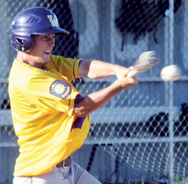 Watertown Post 17’s Sean Langner connects with a pitch during a 2011 American Legion baseball doubleheader at Huron.