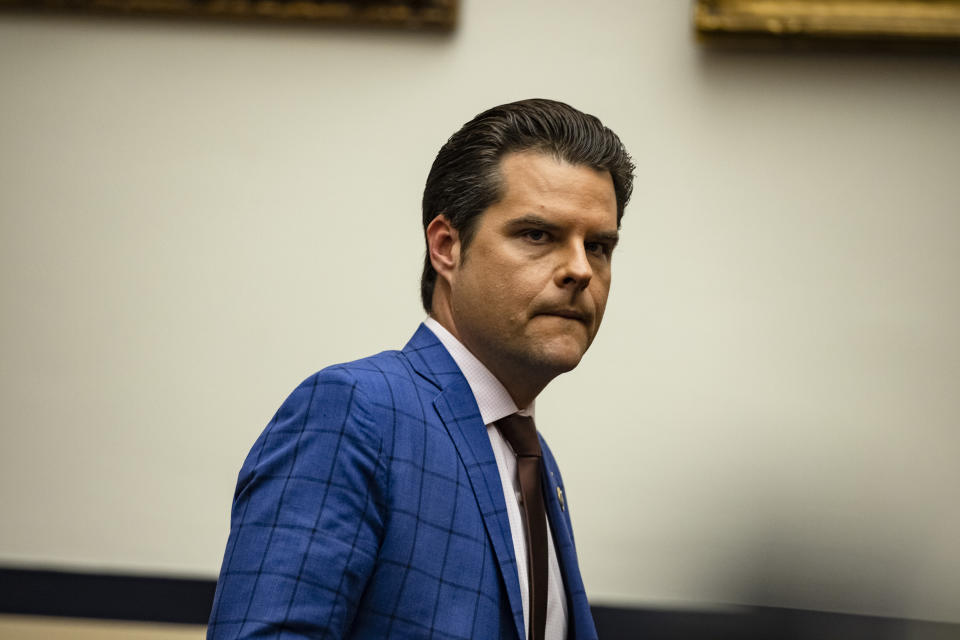 Representative Matt Gaetz (R-FL) arrives for a House Armed Services Subcommittee hearing with members of the Fort Hood Independent Review Committee on Capitol Hill on December 9, 2020 in Washington, DC. (Samuel Corum/Getty Images) 