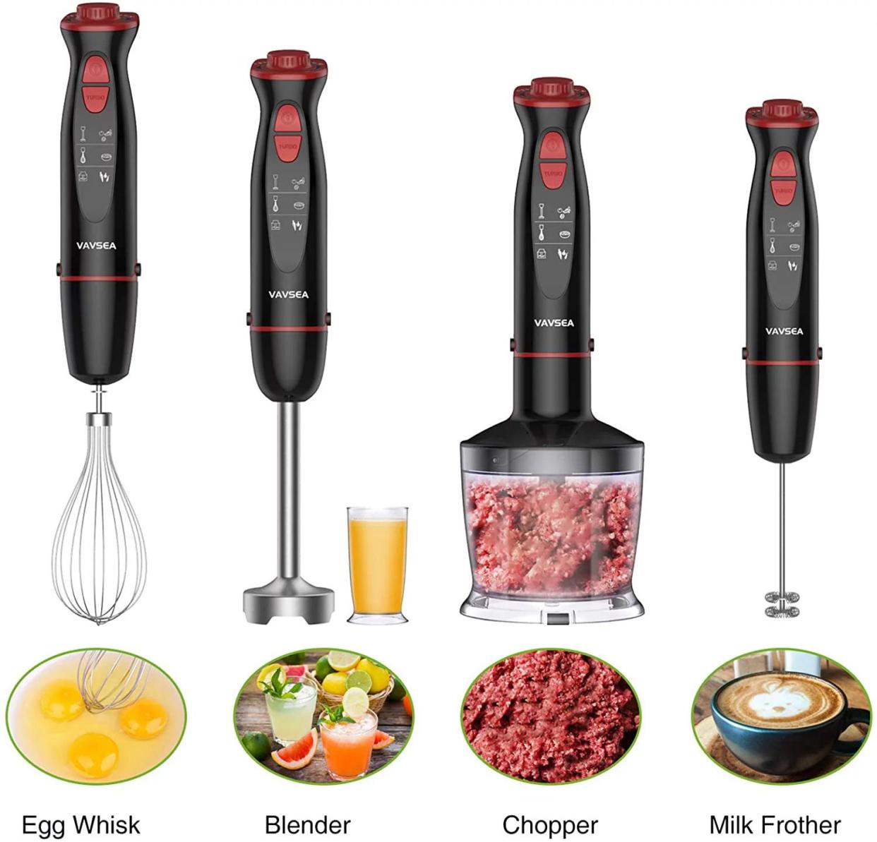 VAVSEA 1000W 12-Speed Immersion Hand Blender, 5-in-1 Multi-Function Handheld Stick Blender with Stainless Steel Blades, Chopper, Beaker, Whisk and Milk Frother