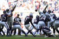 Houston Texans kicker Ka'imi Fairbairn (7) kicks a field goal against the Seattle Seahawks during the first half of an NFL football game, Sunday, Dec. 12, 2021, in Houston. (AP Photo/Eric Christian Smith)