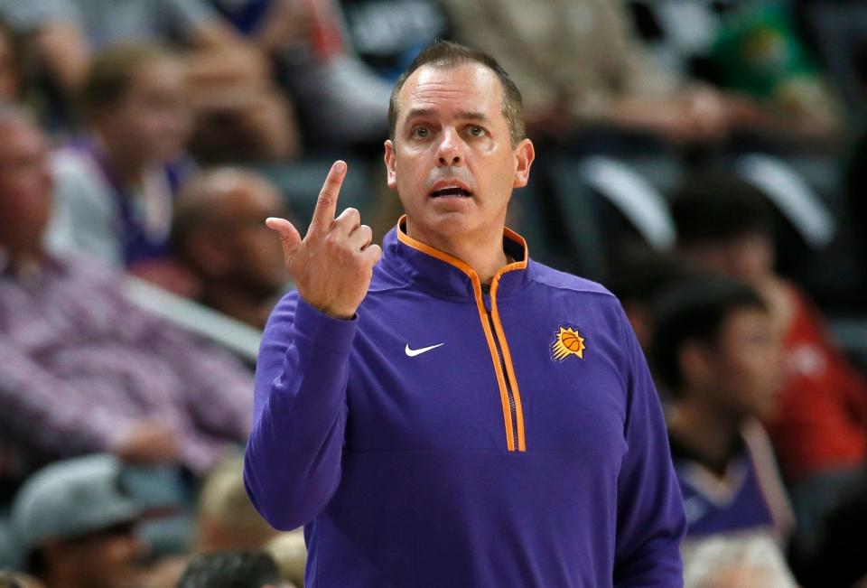 Suns coach Frank Vogel directs his team during the first half of a preseason game on Sunday, Oct. 8, 2023, at Little Caesars Arena.