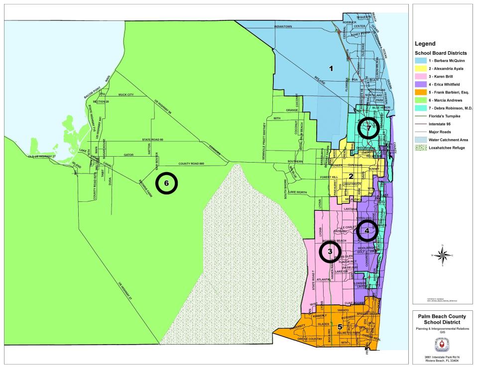 A graphic shows the four Palm Beach County school board districts up for election in 2022. District 3 and District 4 were won in August by incumbents Karen Brill and Erica Whitfield, respectively. No candidate in District 6 or District 7 garnered more than 50% of the vote, so both races will go to the general election Nov. 8.