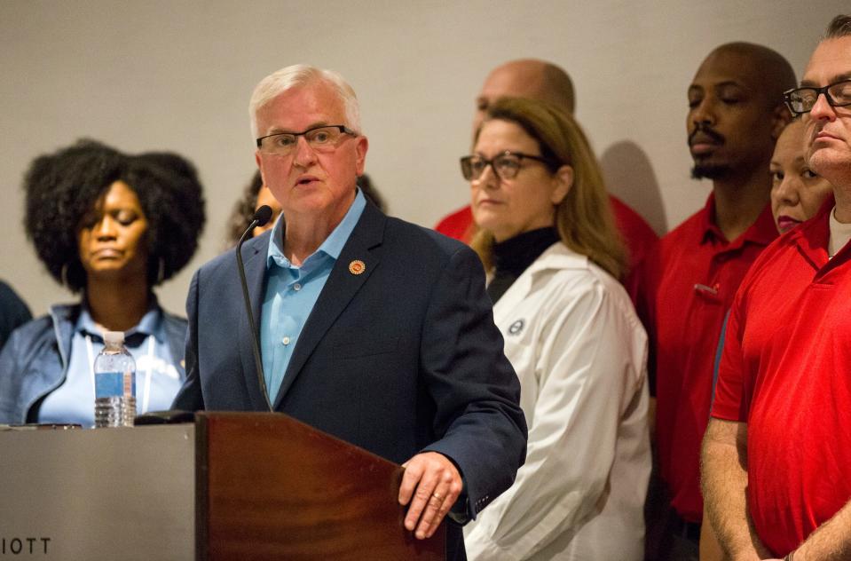 Terry Dittes, vice president of the UAW-GM department, announces a national GM worker strike during a press conference at the Marriott Renaissance Hotel, in Detroit, Sunday Sept. 15, 2019.