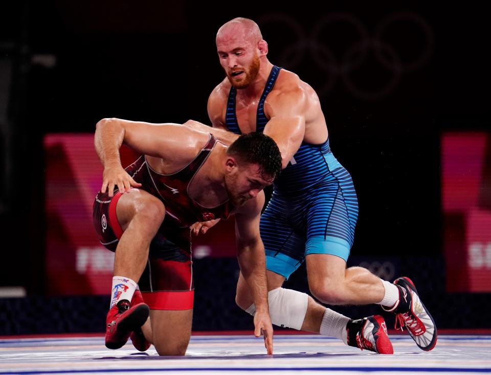 Aug 6, 2021; Chiba, Japan;   Kyle Frederick Snyder (USA) defeats Suleyman Karadeniz (TUR) in th emen's freestyle 97kg semifinal during the Tokyo 2020 Olympic Summer Games at Makuhari Messe Hall A. Mandatory Credit: Mandi Wright-USA TODAY Sports