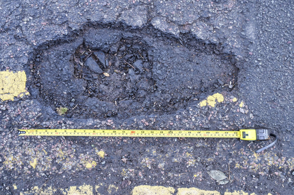 St Guthlac Street in Hereford - the town with the most potholes in England. Photo released February 4 2024.  See SWNS story SWLNpotholes. People living in the pothole capital of England say the roads are so bad itâ€™s like â€œdriving over the moonâ€. A study found Hereford had more potholes than any other area in the country â€“ with 25,000 being reported to the council last year alone. Data reviewed from reports on the FixMyStreet platform found there was one pothole reported for every 127th resident in Hereford. Locals even say the pavements are â€œfalling apartâ€ with some saying they are too scared to venture out after dark in case they trip over.
