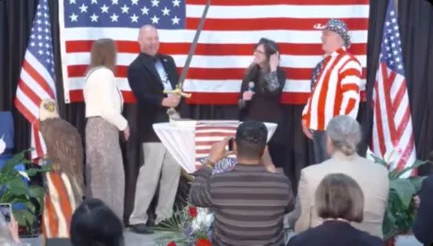 Doug Mastriano, GOP nominee for governor of Pennsylvania, holds a sword at an event hosted by QAnon conspiracy theorists in Gettysburg, Pennsylvania, in April 2022. (Photo: Right Wing Watch)