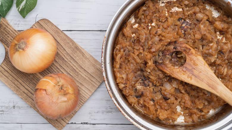 caramelized chopped onions in pan