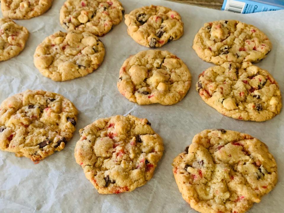 cooked trader joes peppermint cookies on cookie sheet lined with parchment paper