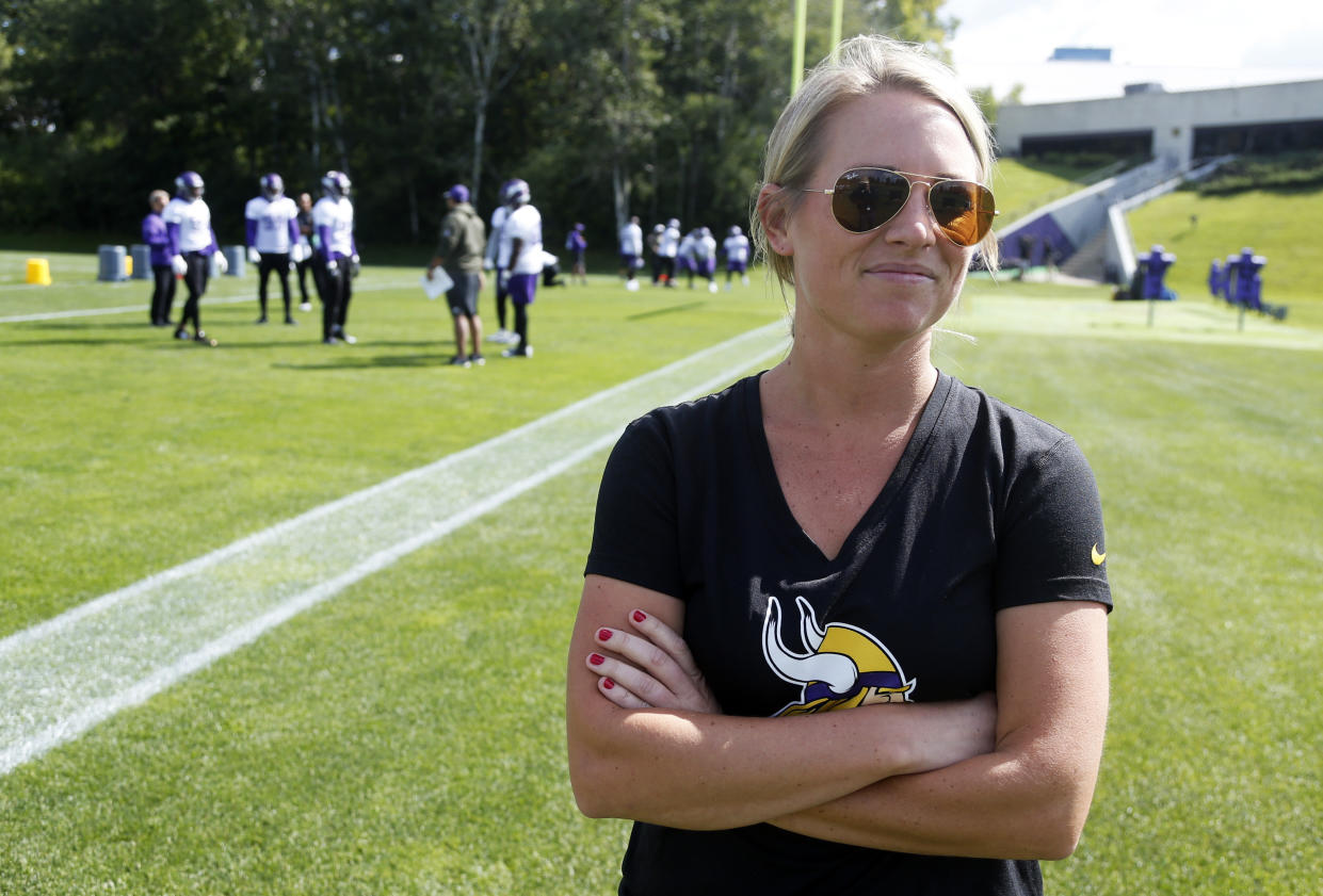 Kelly Kleine has advanced from a public relations intern to an NFL scouting executive role in 10 seasons. (AP Photo/Jim Mone, File)