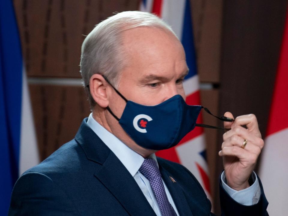 Conservative Leader Erin O'Toole told reporters in Ottawa Wednesday that all Conservative MPs attending in-person sittings of the House of Commons will be fully vaccinated against COVID-19. (Adrian Wyld/The Canadian Press - image credit)