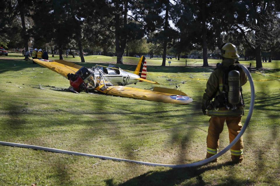 An airplane sits on the ground after crash landing at Penmar Golf Course in Venice, Los Angeles CA