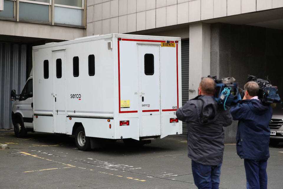 A prison van arrives at Camberwell Green Magistrates' Court, before Aaron McKenzie, 25, was set to appear charged with the murder of heavily pregnant Kelly Mary Fauvrelle and the manslaughter of her baby son Riley (Picture: PA)