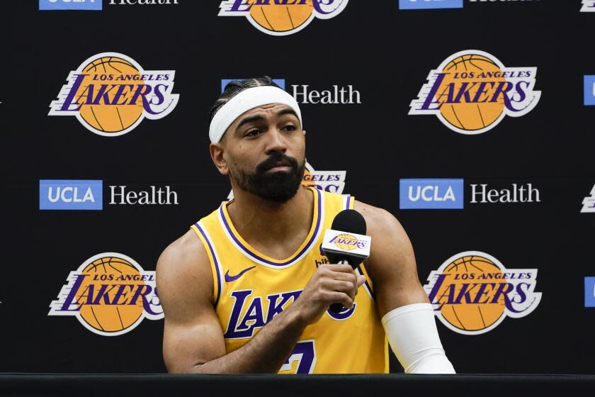 Los Angeles Lakers guard Gabe Vincent listens to a question during the NBA basketball team's media day, Monday, Oct. 2, 2023, in El Segundo, Calif. (AP Photo/Ryan Sun)