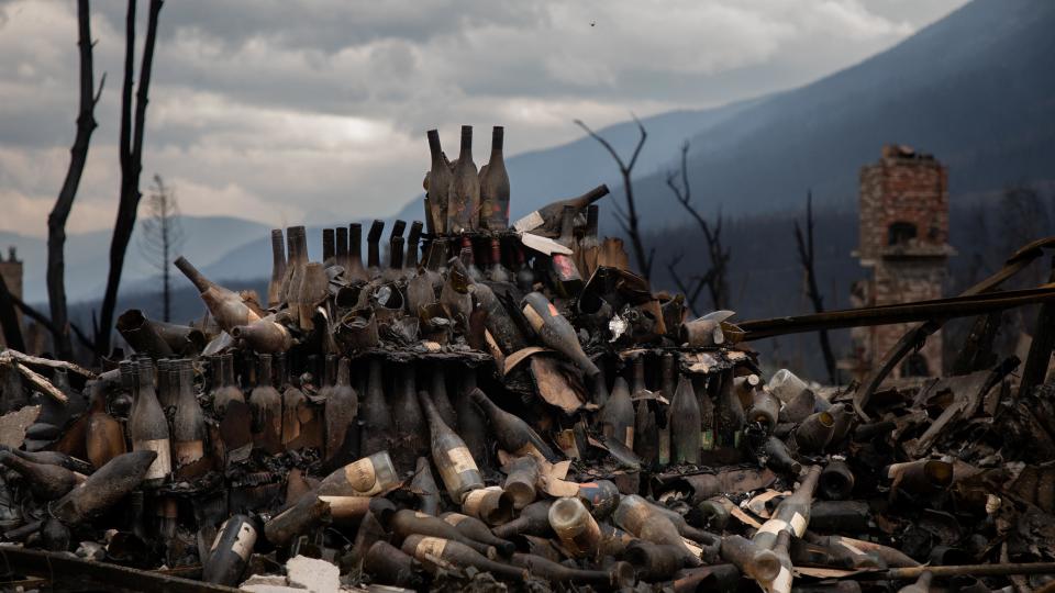 Burned wine bottles at a hotel destroyed by fire in Jasper