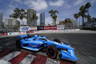 Chip Ganassi Racing driver Álex Palou (10) of Spain competes in an IndyCar auto race at the Grand Prix of Long Beach on Sunday, April 10, 2022, in Long Beach, Calif. (AP Photo/Ashley Landis)