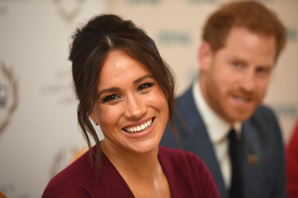 WINDSOR, UNITED KINGDOM - OCTOBER 25:  Meghan, Duchess of Sussex and Prince Harry, Duke of Sussex attend a roundtable discussion on gender equality with The Queens Commonwealth Trust (QCT) and One Young World at Windsor Castle on October 25, 2019 in Windsor, England. (Photo by Jeremy Selwyn - WPA Pool/Getty Images)