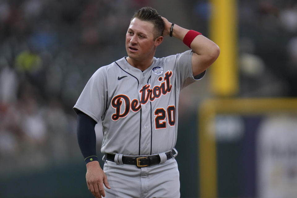Detroit Tigers' Spencer Torkelson walks to his position at first after the top of the fourth inning of the team's baseball game against the Chicago White Sox on Friday, June 2, 2023, in Chicago. (AP Photo/Erin Hooley)