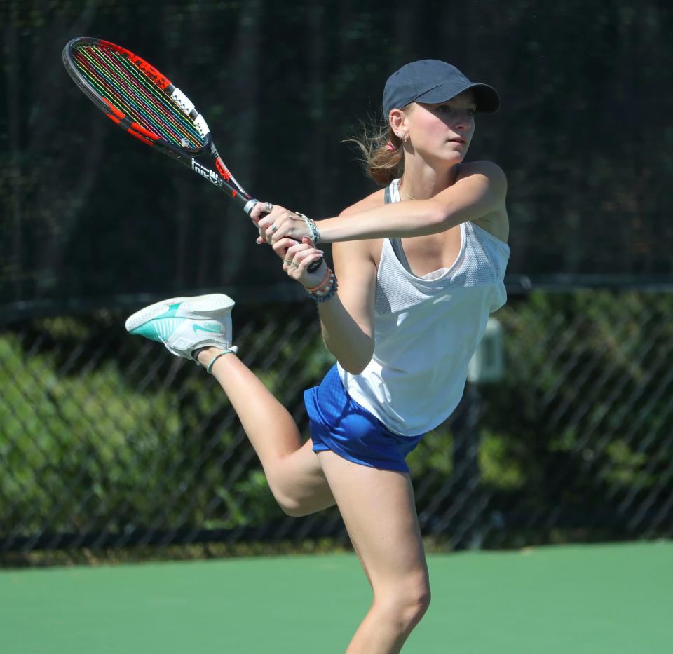 Caesar Rodney's Erin Gross competes at second singles against Archmere's Ella Strohmaier during the DIAA state tennis championships at St. Andrew's School, Thursday May 25, 2023.