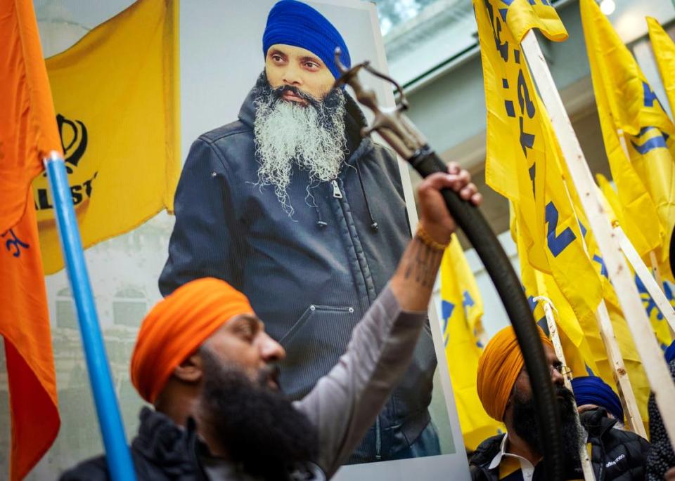 Protesters chant outside of the Consulate General of India office during a protest after the shooting of Hardeep Singh Nijjar in Vancouver, Canada, on June 24.