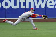 St. Louis Cardinals left fielder Dylan Carlson makes the catch for the out on San Diego Padres' Manny Machado during the seventh inning of Game 1 of a National League wild-card baseball series Wednesday, Sept. 30, 2020, in San Diego. (AP Photo/Gregory Bull)