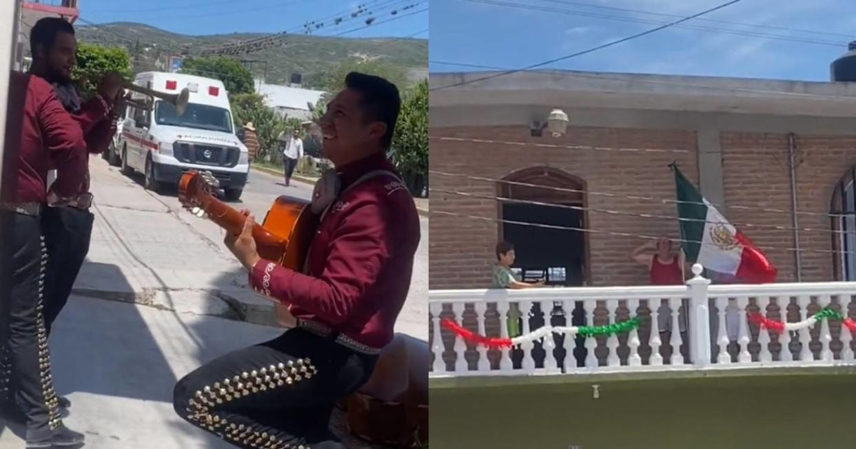 Mariachis se avientan el Toque a la bandera cuando personas adornan. Foto: Captura de video TikTok vía @aracely._gl