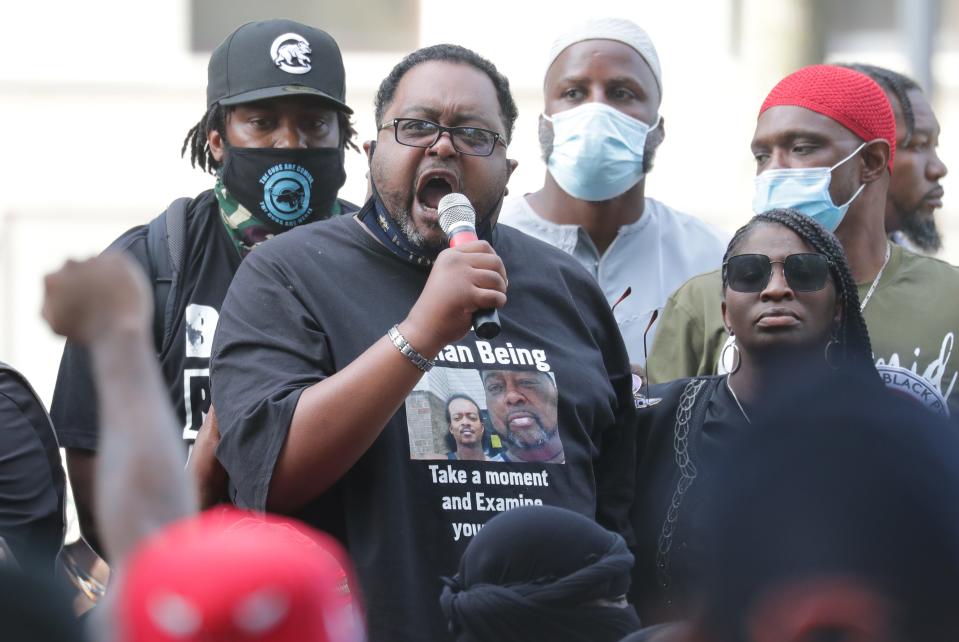 Jacob Blake Sr., Jacob Blake's father, speaks during a Justice for Jacob Blake march￼ and rally in Kenosha on Saturday, Aug. 29, 2020.