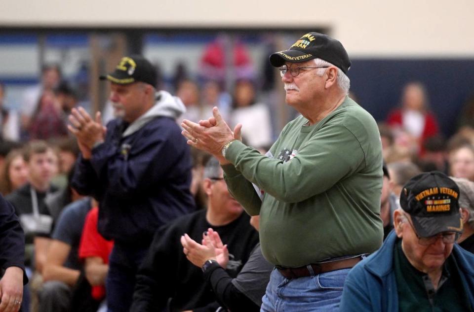 Veterans applaud the elementary students after they sang “American the Beautiful” and “You’re a Grand Old Flag” during the Bald Eagle Area school District’s Veterans Day celebration on Thursday, Nov. 9, 2023. Abby Drey/adrey@centredaily.com