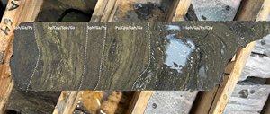 Mineralized bands of different composition in drillhole EC007