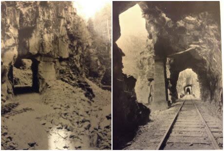 The tunnels in 1914, left, under construction and upon completion in 1916, right.