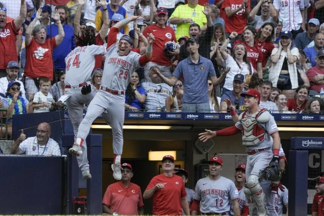 MILWAUKEE, WI - JULY 25: Cincinnati Reds Infielder Elly De La Cruz (44)  gets into position during a MLB game between the Milwaukee Brewers and  Cincinnati Reds on July 25, 2023, at