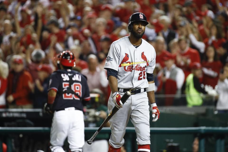 St. Louis Cardinals' Dexter Fowler reacts after striking out during the third inning of Game 3 of the baseball National League Championship Series against the Washington Nationals Monday, Oct. 14, 2019, in Washington. (AP Photo/Patrick Semansky)