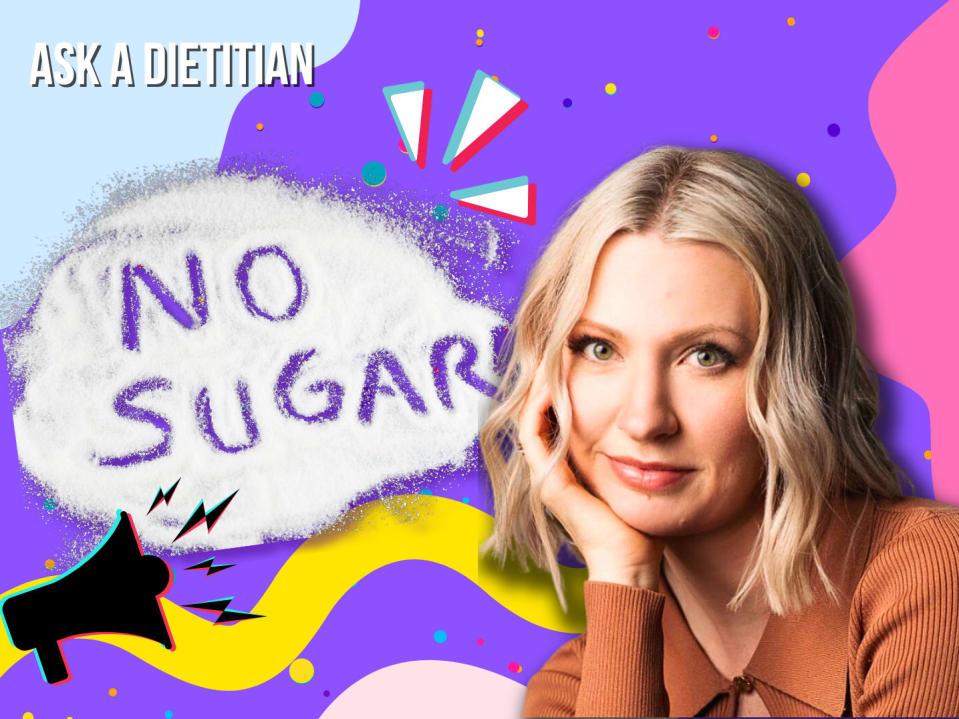 no sugar challenge before after what to eat. Abbey Sharp gives us the scoop on the viral 'no added suagr' diet, in the Ask A Dietitian series. (via Canva)