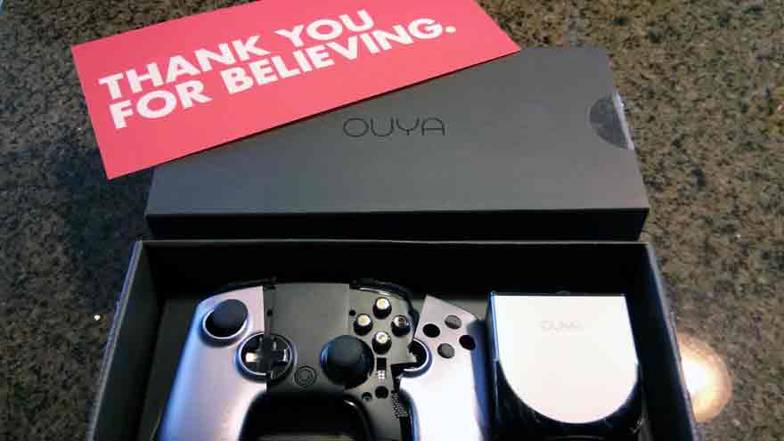 Los inversores que apoyaron a Ouya recibían la consola con este mensaje de agradecimiento.