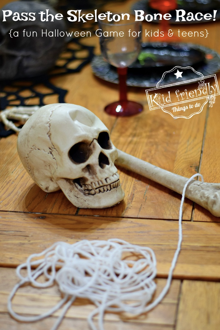 <p>Split everyone into teams of four or more. The first team to successfully connect the yarn with the last player holding the skeleton bone is the winner. The more teams you have, the longer the game will take.</p><p><em><a href="https://kidfriendlythingstodo.com/pass-the-skeleton-bone-race-a-fun-halloween-game-for-kids-teens-kid-friendly-things-to-do/" rel="nofollow noopener" target="_blank" data-ylk="slk:Get the tutorial at Kid Friendly Things to Do »;elm:context_link;itc:0;sec:content-canvas" class="link ">Get the tutorial at Kid Friendly Things to Do »</a></em></p>