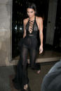 <p>Before Balmain’s spring 2016 collection even showed in Paris, Kendall (along with pals Gigi Hadid and Balmain creative director Olivier Rousteing) was seen sporting exclusive pieces from it to a Vogue dinner. With its fishnet-like, lace-up top and super-sheer flared bottoms, the 19-year-old’s look left almost nothing to the imagination. </p>