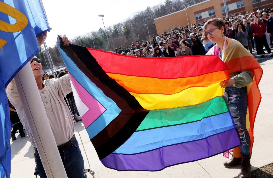 The progress pride flag was displayed outside a school in Acton in 2022.