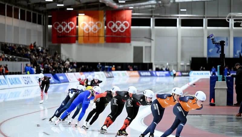 Skaters compete in a race during the ISU World Cup Speed skating at the Olympic oval in Kearns on Sunday, Jan. 28, 2024.