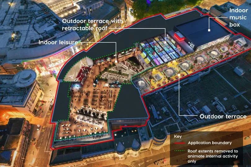 A first look at how the changes at Eldon Square will look. The image shows potential activity beneath the roof of the old Debenhams building, marked in the green dotted line area. The company stresses it is just proposing to take away a small section of the roof to create an outdoor terrace, as labelled in the picture.