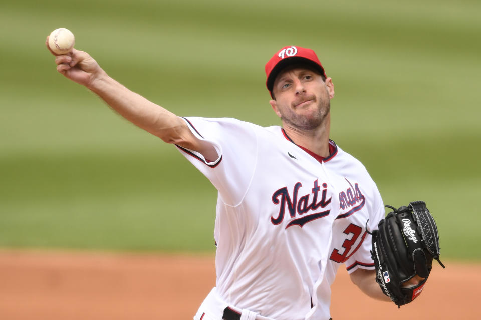 WASHINGTON, DC - JULY 18:  Max Scherzer #31 of the Washington Nationals pitches in the third inning during a baseball game against the San Diego Padres at Nationals Park on July 18, 2021 in Washington, DC.  (Photo by Mitchell Layton/Getty Images)