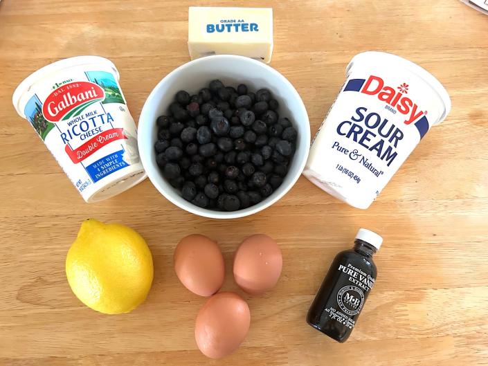 Ingredients for Ina Garten's Blueberry Ricotta Breakfast Cake