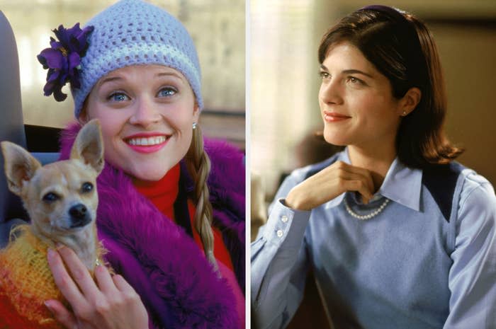 Reese Witherspoon holding a Chihuahua and Selma Blair smiling, both dressed in stylish outfits from the movie "Legally Blonde."