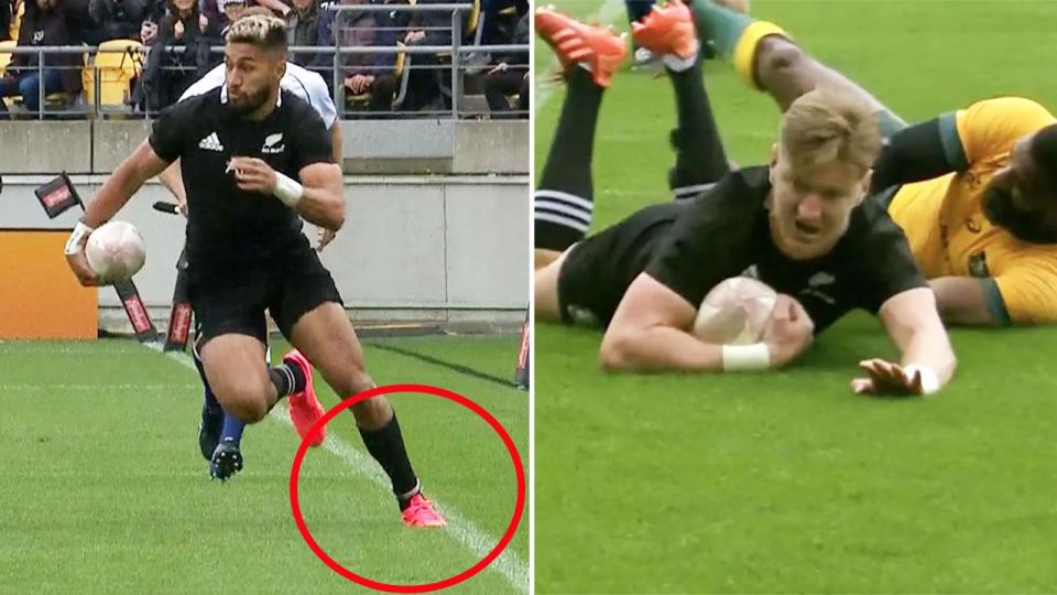 Reiko Ioane could be seen on replays stepping into touch before Jordie Barrett's try.